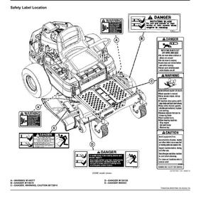 Puede incluir: Diagrama ilustrado de un cortac&eacute;sped John Deere Z335E con etiquetas de seguridad. Las etiquetas advierten sobre peligros como cuchillas giratorias y posibles lesiones. El diagrama incluye texto y s&iacute;mbolos.