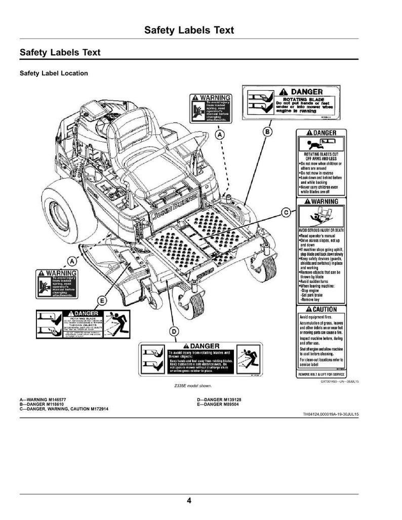 Puede incluir: Diagrama ilustrado de un cortac&eacute;sped John Deere Z335E con etiquetas de seguridad. Las etiquetas advierten sobre peligros como cuchillas giratorias y posibles lesiones. El diagrama incluye texto y s&iacute;mbolos.