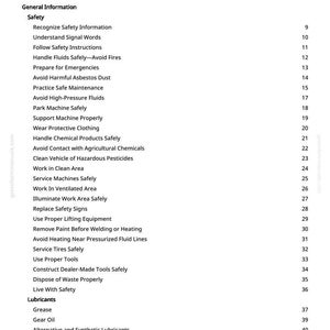 May include: A white page with a black table of contents. The text includes safety information, such as "Recognize Safety Information" and "Handle Fluids Safely - Avoid Fires." The page number is 2.