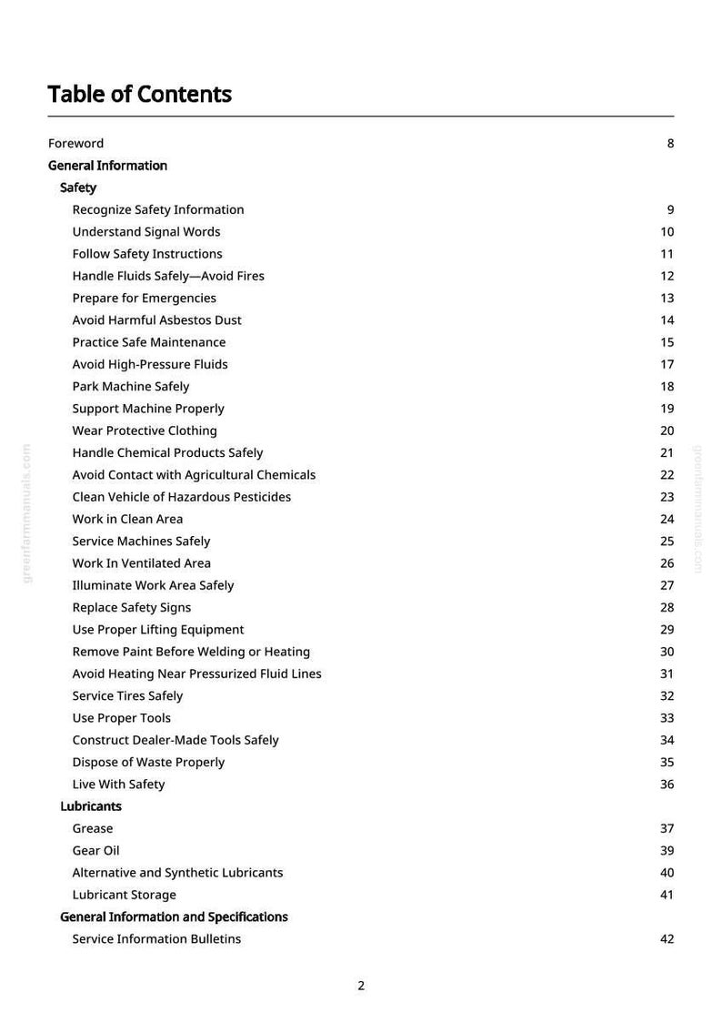 May include: A white page with a black table of contents. The text includes safety information, such as "Recognize Safety Information" and "Handle Fluids Safely - Avoid Fires." The page number is 2.