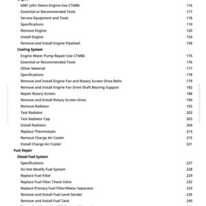 May include: A page from a manual with a table of contents for engine repair and maintenance. The text includes sections on engine, cooling system, and fuel repair, with page numbers listed on the right.