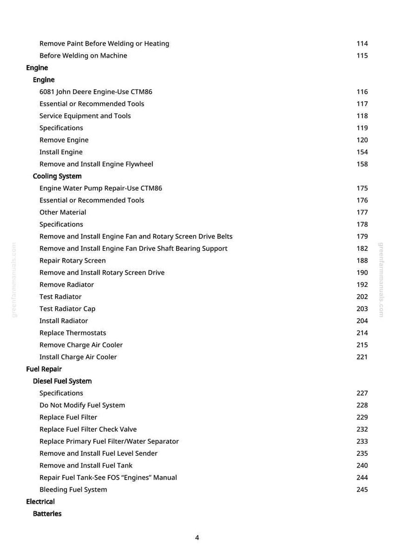 May include: A page from a manual with a table of contents for engine repair and maintenance. The text includes sections on engine, cooling system, and fuel repair, with page numbers listed on the right.