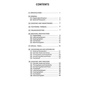 Puede incluir: Una p&aacute;gina blanca con el t&iacute;tulo "CONTENTS" en la parte superior. La p&aacute;gina enumera varias secciones, incluyendo especificaciones, informaci&oacute;n general, comprobaci&oacute;n y mantenimiento, soluci&oacute;n de problemas, especificaciones de servicio, herramientas especiales y desmontaje y montaje.