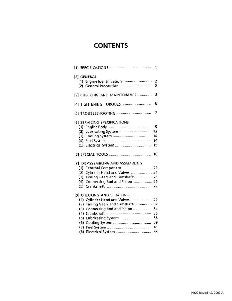 Puede incluir: Una p&aacute;gina blanca con el t&iacute;tulo "CONTENTS" en la parte superior. La p&aacute;gina enumera varias secciones, incluyendo especificaciones, informaci&oacute;n general, comprobaci&oacute;n y mantenimiento, soluci&oacute;n de problemas, especificaciones de servicio, herramientas especiales y desmontaje y montaje.