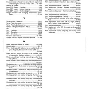 Puede incluir: P&aacute;gina de &iacute;ndice de un manual con una lista de t&eacute;rminos y n&uacute;meros de p&aacute;gina. Los t&eacute;rminos incluyen "Ruido inusual", "Equipo de trabajo", "V&aacute;lvula" y "VGT". La p&aacute;gina es blanca con texto negro.