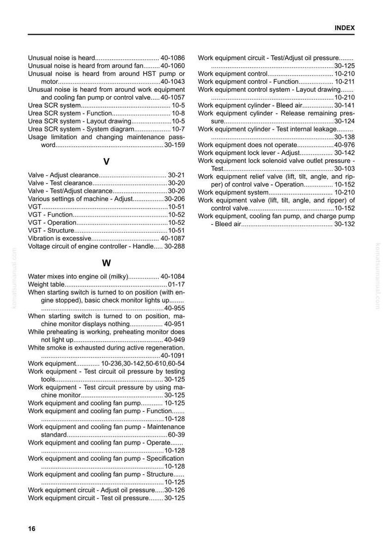 Puede incluir: P&aacute;gina de &iacute;ndice de un manual con una lista de t&eacute;rminos y n&uacute;meros de p&aacute;gina. Los t&eacute;rminos incluyen "Ruido inusual", "Equipo de trabajo", "V&aacute;lvula" y "VGT". La p&aacute;gina es blanca con texto negro.