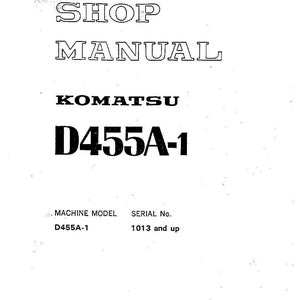 May include: A white shop manual with black text. The title "SHOP MANUAL" is at the top, followed by "KOMATSU" and "D455A-1". The bottom of the manual includes the machine model and serial number.