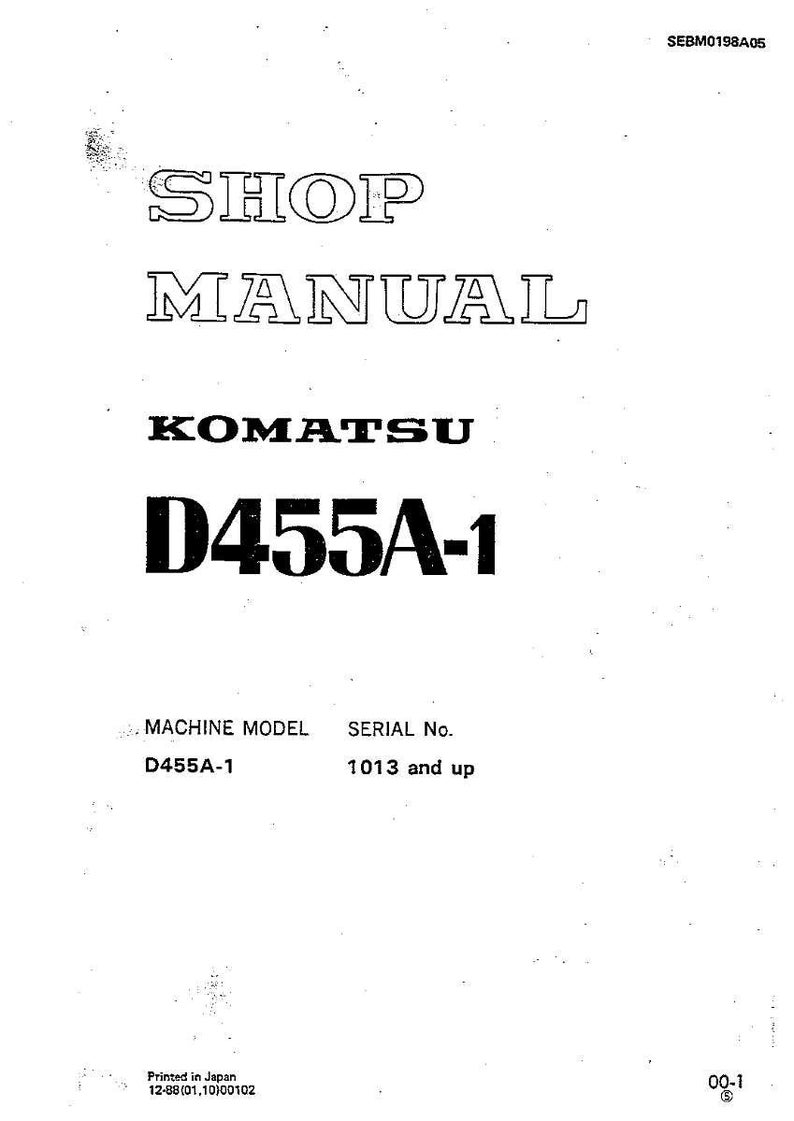 May include: A white shop manual with black text. The title "SHOP MANUAL" is at the top, followed by "KOMATSU" and "D455A-1". The bottom of the manual includes the machine model and serial number.