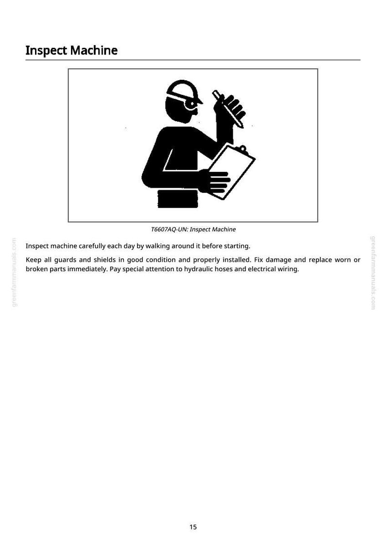 May include: Black and white illustration of a person wearing a hard hat and safety glasses, holding a pen and clipboard. The text "Inspect Machine" is at the top, with "T6607AQ-UN: Inspect Machine" below the image.