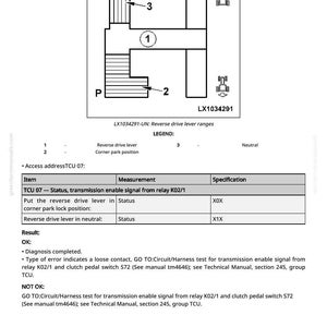 May include: Diagram showing reverse drive lever ranges, labelled LX1034291-UN. Includes a diagram with numbered positions and a table detailing item measurements and specifications for TCU 07.