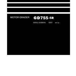 May include: A white and black Shop Manual cover. The text reads "Shop Manual" at the top, with "MOTOR GRADER GD755-5R" and "SERIAL NUMBERS 10001 and up" below. The Komatsu logo is at the bottom.