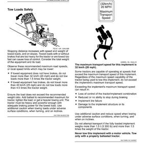May include: A safety manual page with diagrams and text about towing loads safely. It includes a drawing of a tractor pulling a trailer and a graphic showing the maximum transport speed of 20 MPH (32 km/h). The text provides safety guidelines.