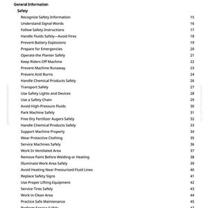 May include: A white page with a table of contents from a manual. The title is "Table of Contents". The topics include safety information, machine operation, and maintenance procedures. The page numbers are listed on the right.