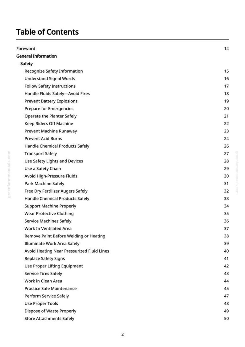 May include: A white page with a table of contents from a manual. The title is "Table of Contents". The topics include safety information, machine operation, and maintenance procedures. The page numbers are listed on the right.