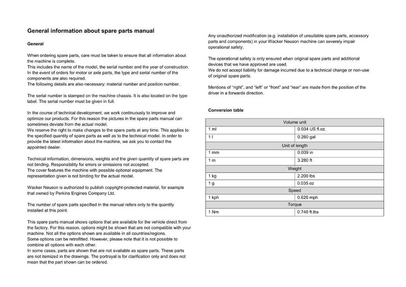 May include: A page from a spare parts manual with text and a conversion table. The text provides general information about ordering parts, including model names, serial numbers, and technical details. The conversion table includes volume, length, weight, speed, and torque.