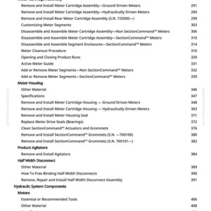 K&ouml;nnte beinhalten: Eine Seite aus einem Handbuch mit einem Inhaltsverzeichnis f&uuml;r hydraulisch angetriebene Z&auml;hler und zugeh&ouml;rige Komponenten. Der Text enth&auml;lt Titel wie "Meter Cartridge Assembly" und "Product Agitators".