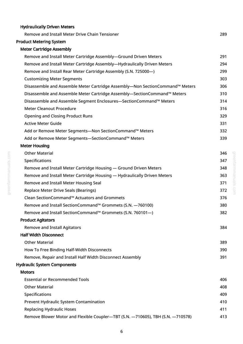 K&ouml;nnte beinhalten: Eine Seite aus einem Handbuch mit einem Inhaltsverzeichnis f&uuml;r hydraulisch angetriebene Z&auml;hler und zugeh&ouml;rige Komponenten. Der Text enth&auml;lt Titel wie "Meter Cartridge Assembly" und "Product Agitators".