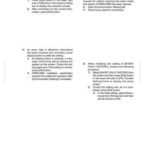 May include: A page from a manual detailing the VHMS controller initial setting procedure for ORBCOMM installation. The text includes numbered steps and bullet points, with headings like "Machine Information" and "Communication Setting."