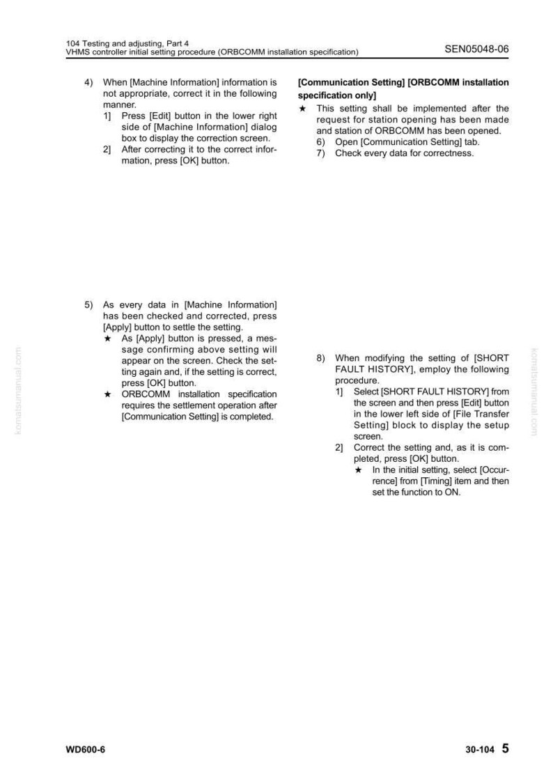 May include: A page from a manual detailing the VHMS controller initial setting procedure for ORBCOMM installation. The text includes numbered steps and bullet points, with headings like "Machine Information" and "Communication Setting."