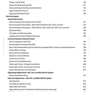 Pode incluir: Uma p&aacute;gina de manual com uma lista de descri&ccedil;&otilde;es, testes e ajustes do sistema el&eacute;trico. O texto inclui termos como "BALE WATCH Monitor", "BALETRAK Pro" e "Electrical Circuit Malfunctions".