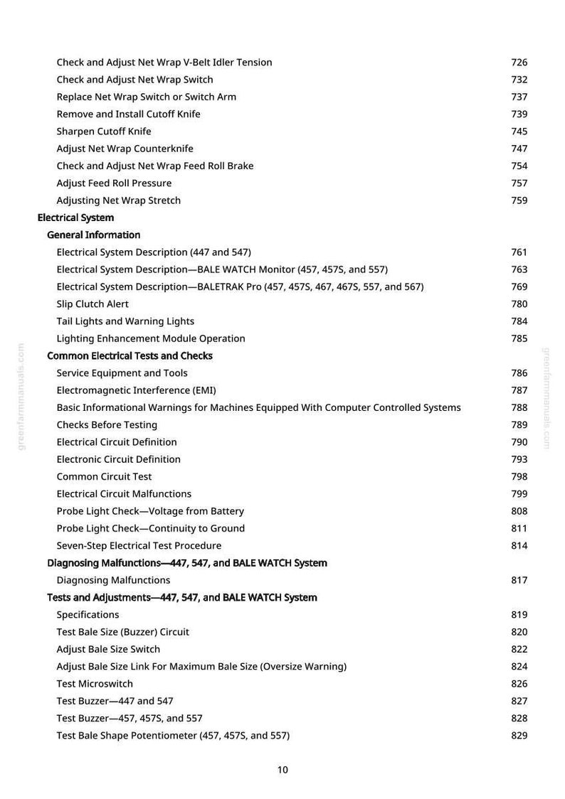 Pode incluir: Uma p&aacute;gina de manual com uma lista de descri&ccedil;&otilde;es, testes e ajustes do sistema el&eacute;trico. O texto inclui termos como "BALE WATCH Monitor", "BALETRAK Pro" e "Electrical Circuit Malfunctions".