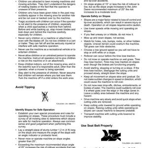 May include: A safety guide page with the title "Safety" and instructions for operating lawn mowers. The page includes warnings about children, slope operation, and avoiding tip-overs. It also features diagrams and safety tips.