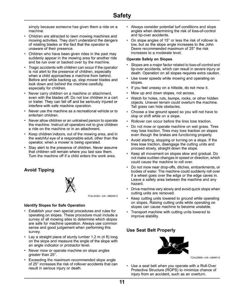 May include: A safety guide page with the title "Safety" and instructions for operating lawn mowers. The page includes warnings about children, slope operation, and avoiding tip-overs. It also features diagrams and safety tips.