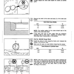 May include: A technical diagram from a manual detailing valve seat inspection. It includes measurements in inches and millimeters, diagrams of valve seats, and instructions for checking for cracks or burned spots. The text includes the part number 3823495.