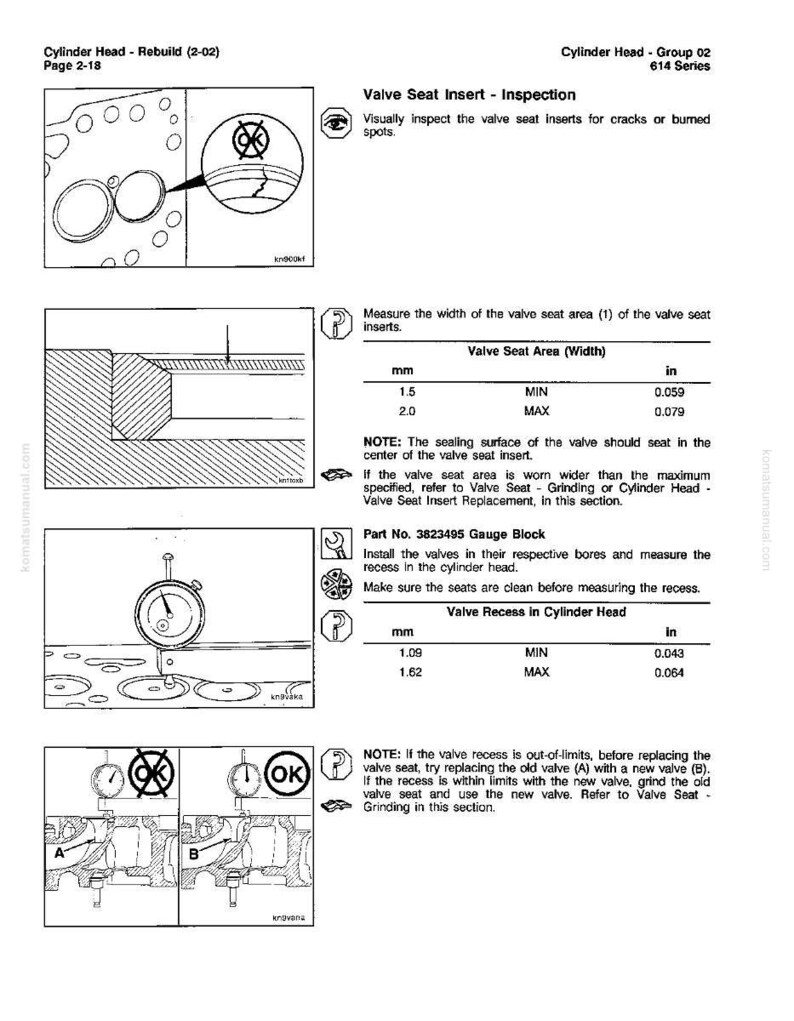 May include: A technical diagram from a manual detailing valve seat inspection. It includes measurements in inches and millimeters, diagrams of valve seats, and instructions for checking for cracks or burned spots. The text includes the part number 3823495.
