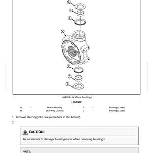 May include: Diagram showing the disassembly and assembly of pivot pins, bushings, and seals. The image features an exploded view of the components, labelled with letters and a legend. Text includes a caution and a note about the process.