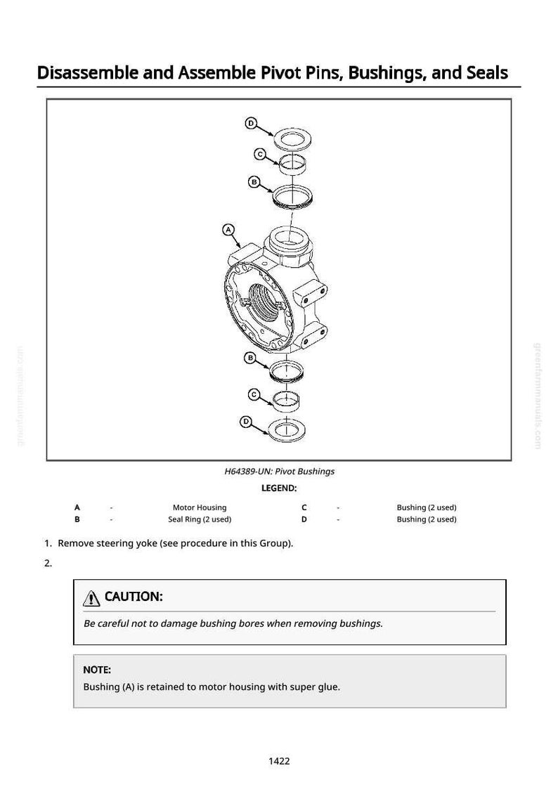 May include: Diagram showing the disassembly and assembly of pivot pins, bushings, and seals. The image features an exploded view of the components, labelled with letters and a legend. Text includes a caution and a note about the process.