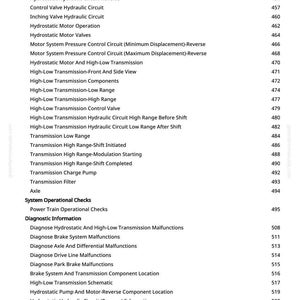May include: A white page featuring a list of technical terms and page numbers related to vehicle systems. The text includes terms such as "Hydrostatic Motor Valves" and "Transmission Filter".