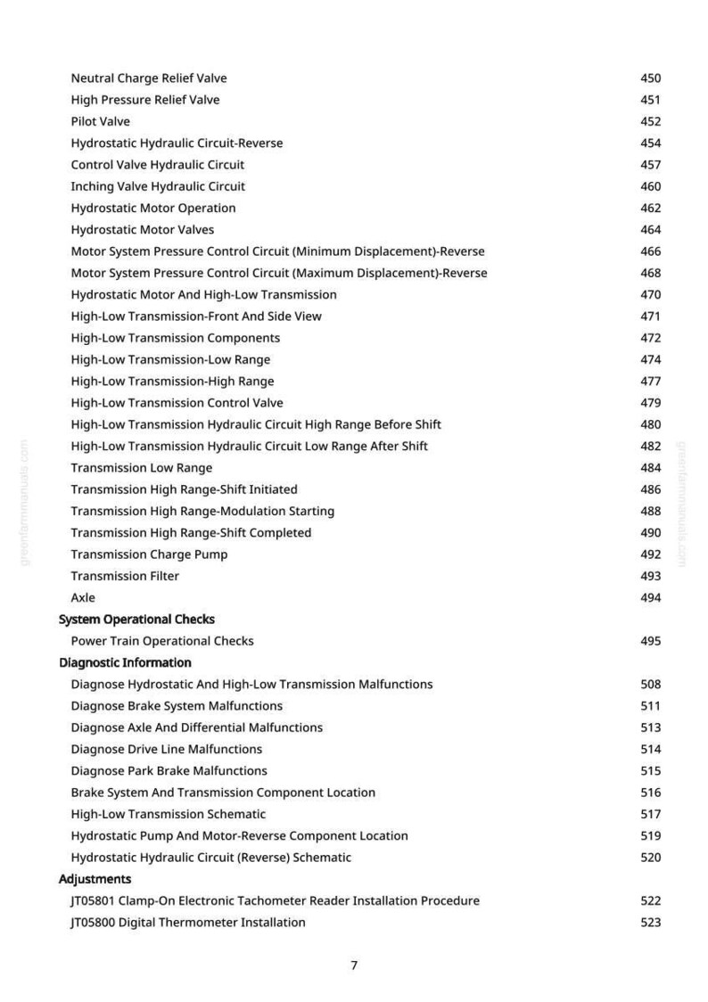 May include: A white page featuring a list of technical terms and page numbers related to vehicle systems. The text includes terms such as "Hydrostatic Motor Valves" and "Transmission Filter".