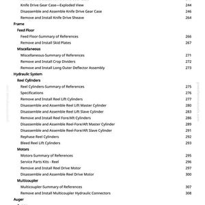 May include: A page from a manual, detailing mechanical components and procedures. The text includes terms such as "Reel Cylinders," "Knife Drive Gear Case," and "Auger," with corresponding page numbers.