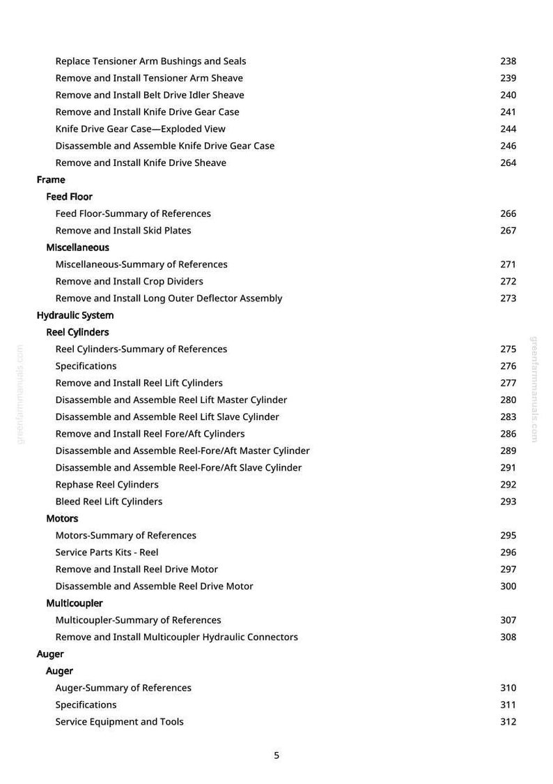 May include: A page from a manual, detailing mechanical components and procedures. The text includes terms such as "Reel Cylinders," "Knife Drive Gear Case," and "Auger," with corresponding page numbers.