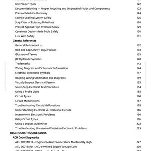 May include: A page from a manual with a table of contents. The text includes topics like "Service Tires Safely", "Circuit Malfunctions", and "ACU Code Diagnostics". The page numbers are listed on the right side of the page.