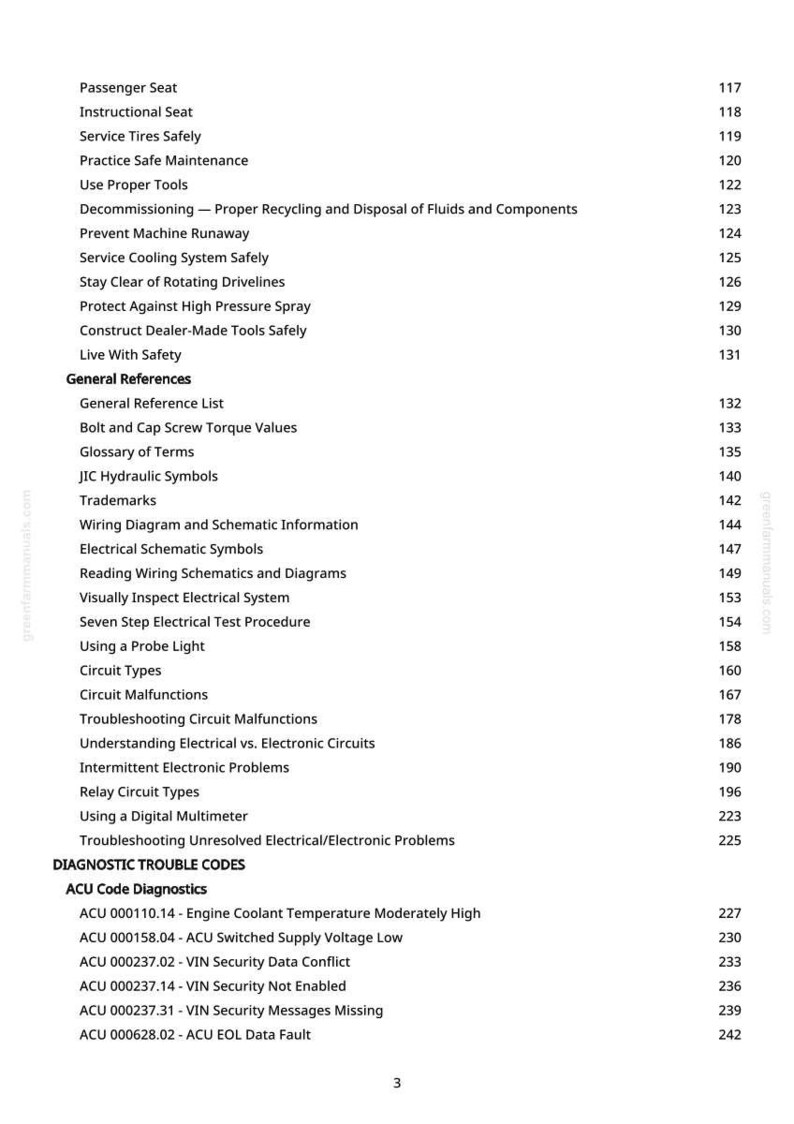 May include: A page from a manual with a table of contents. The text includes topics like "Service Tires Safely", "Circuit Malfunctions", and "ACU Code Diagnostics". The page numbers are listed on the right side of the page.