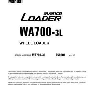 Puede incluir: Manual de taller blanco con texto negro. La portada presenta el texto "Loader WA700-3L Wheel Loader". Incluye n&uacute;meros de serie e informaci&oacute;n de derechos de autor. El manual es de noviembre de 2002.