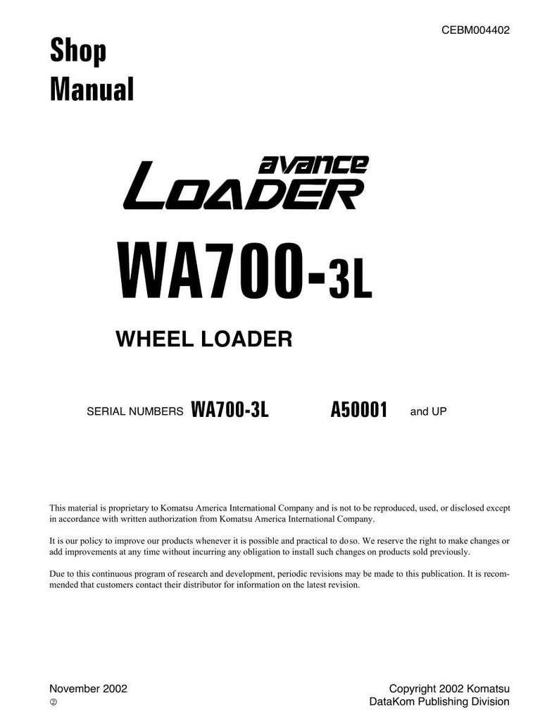 Puede incluir: Manual de taller blanco con texto negro. La portada presenta el texto "Loader WA700-3L Wheel Loader". Incluye n&uacute;meros de serie e informaci&oacute;n de derechos de autor. El manual es de noviembre de 2002.