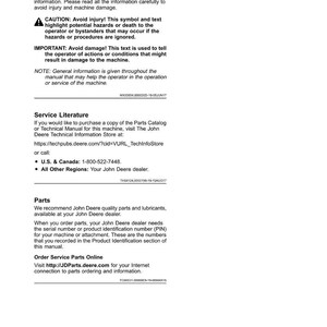 Puede incluir: Una p&aacute;gina del manual de la m&aacute;quina John Deere titulada "Introducci&oacute;n". El texto incluye advertencias de seguridad, informaci&oacute;n sobre la documentaci&oacute;n de servicio y detalles sobre c&oacute;mo pedir piezas en l&iacute;nea. La p&aacute;gina es blanca con texto negro.