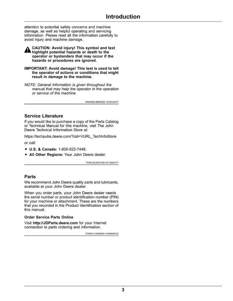 Puede incluir: Una p&aacute;gina del manual de la m&aacute;quina John Deere titulada "Introducci&oacute;n". El texto incluye advertencias de seguridad, informaci&oacute;n sobre la documentaci&oacute;n de servicio y detalles sobre c&oacute;mo pedir piezas en l&iacute;nea. La p&aacute;gina es blanca con texto negro.