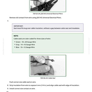 Puede incluir: Imagen que muestra instrucciones de cableado el&eacute;ctrico. La imagen superior muestra unos alicates quitando un contacto. El texto dice "TS0132-UN: JDG145 Universal Electrical Pliers". La imagen inferior muestra un sello de cable. El texto dice "TS0136-UN: Cable Seal."