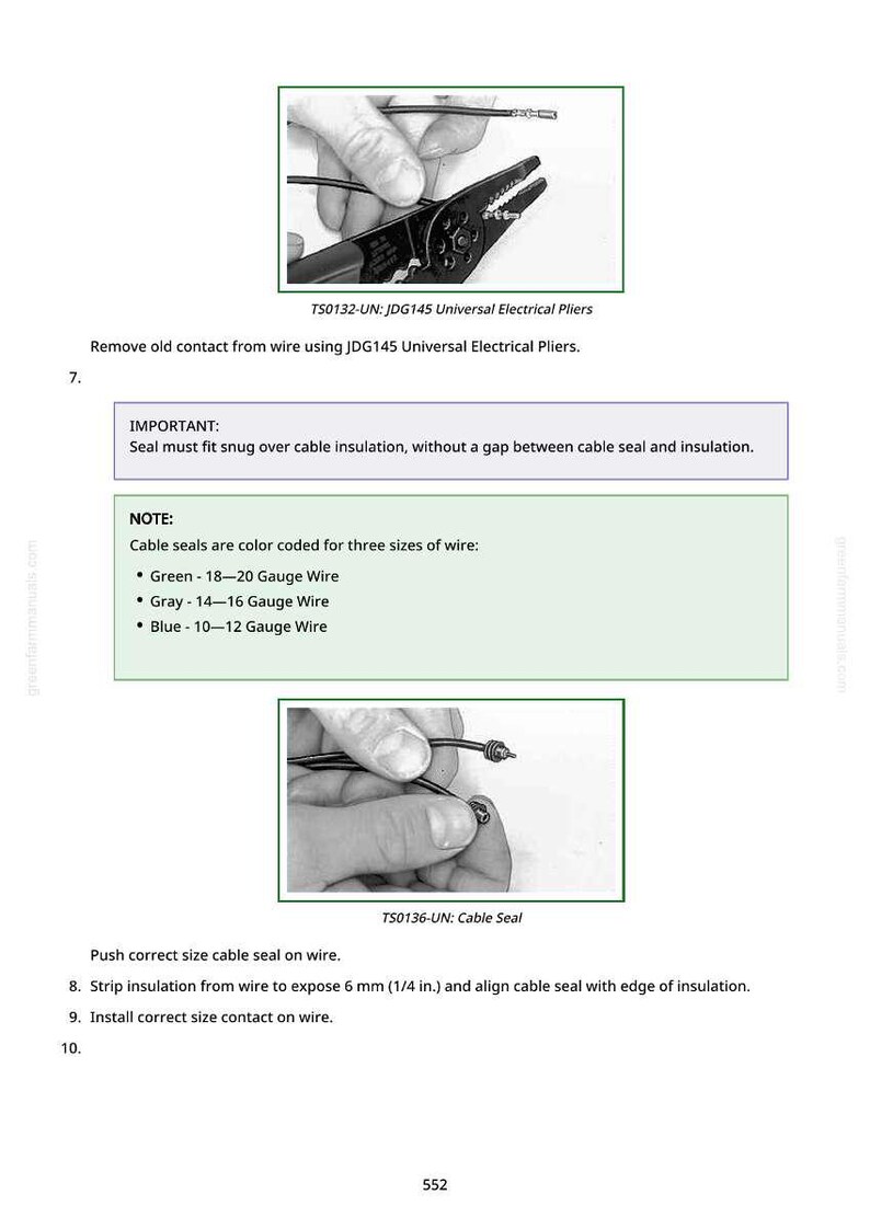 Puede incluir: Imagen que muestra instrucciones de cableado el&eacute;ctrico. La imagen superior muestra unos alicates quitando un contacto. El texto dice "TS0132-UN: JDG145 Universal Electrical Pliers". La imagen inferior muestra un sello de cable. El texto dice "TS0136-UN: Cable Seal."