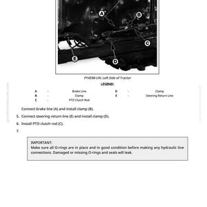 May include: Diagram of a tractor's left side, labeled with letters and arrows pointing to various components. Includes a legend identifying parts like brake lines, clamps, and PTO clutch rod. Text provides instructions for connecting and installing parts.