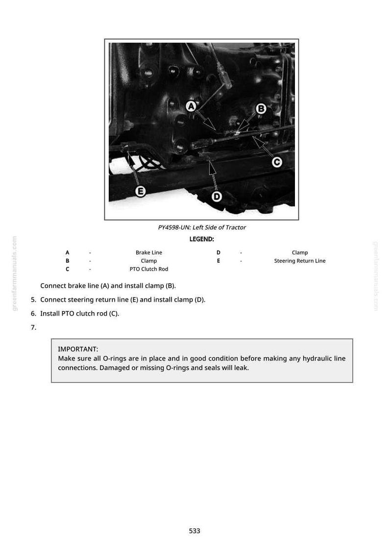 May include: Diagram of a tractor's left side, labeled with letters and arrows pointing to various components. Includes a legend identifying parts like brake lines, clamps, and PTO clutch rod. Text provides instructions for connecting and installing parts.