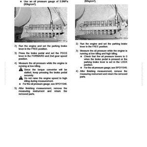 May include: A manual page with instructions for measuring oil pressure in a vehicle. The text describes connecting gauges and measuring pressure at different points. The image shows diagrams of engine components with labels and measurement values.