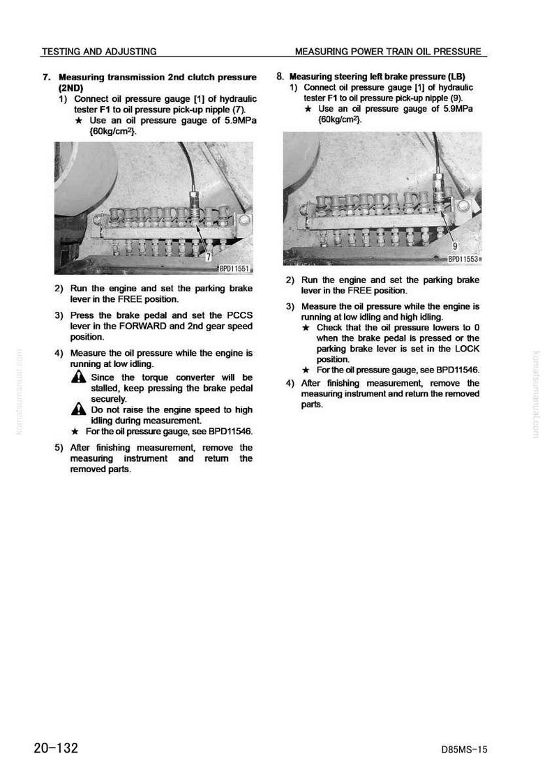 May include: A manual page with instructions for measuring oil pressure in a vehicle. The text describes connecting gauges and measuring pressure at different points. The image shows diagrams of engine components with labels and measurement values.