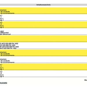 Pu&ograve; includere: Una pagina di un manuale tecnico con un sommario multilingue. Il testo &egrave; in nero, con sezioni evidenziate in giallo. Il logo Weidemann &egrave; in basso.