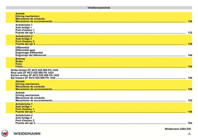 Pu&ograve; includere: Una pagina di un manuale tecnico con un sommario multilingue. Il testo &egrave; in nero, con sezioni evidenziate in giallo. Il logo Weidemann &egrave; in basso.