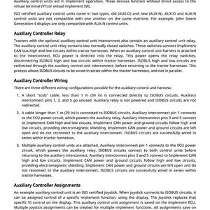 May include: Diagram of an auxiliary controller's theory of operation, including wiring configurations and assignments. Text explains the function of the controller, its relay, and how it connects to ISOBUS circuits. Includes a page number.